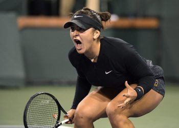 Bianca Andreescu celebrates after winning a game over Elina Svitolina at Indian Wells, Friday        