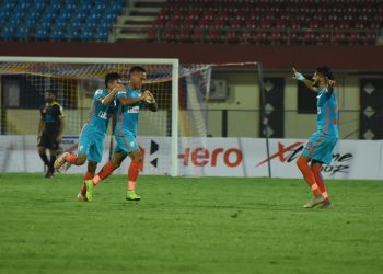 Amarjit Singh celebrates (C) with teammates after scoring the opener against Kerala Blasters at the Kalinga Stadium, Friday 