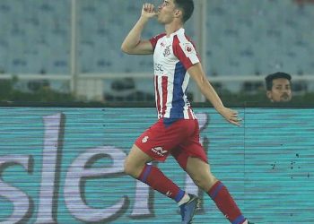 Edu Garcia celebrates after scoring the opener for ATK against Delhi Dynamos at Kolkata, Sunday