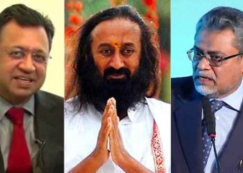 Sri Sri Ravi Shankar, Justice (Retd) FM Kalifulla and senior advocate Sriram Panchu.