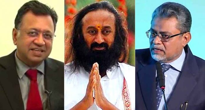 Sri Sri Ravi Shankar, Justice (Retd) FM Kalifulla and senior advocate Sriram Panchu.