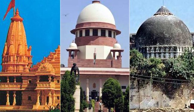 Composite image of the SC of India with the Babri Masjid and Ayodhya Ram Temple.