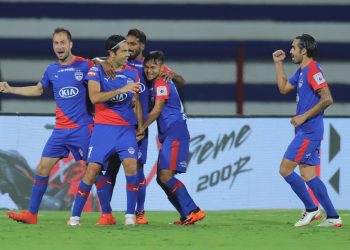 Bengaluru FC players celebrate after scoring the first goal against NEUFC, Monday