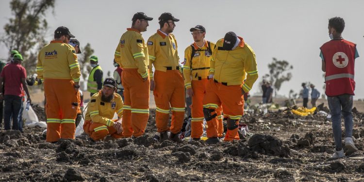 Investigators from Israel examine wreckage at the scene where the Ethiopian Airlines Boeing 737 Max 8 crashed shortly after takeoff on Sunday killing all 157 on board, near Bishoftu, or Debre Zeit, south of Addis Ababa, in Ethiopia Tuesday, March 12, 2019. Ethiopian Airlines had issued no new updates on the crash as of late afternoon Tuesday as families around the world waited for answers, while a global team of investigators began picking through the rural crash site. (AP)