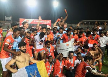Jubilant Chennai City FC players celebrate their title victory at Coimbatore, Saturday