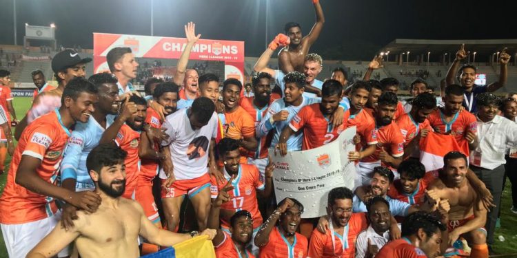 Jubilant Chennai City FC players celebrate their title victory at Coimbatore, Saturday