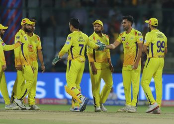 Chennai Super Kings players celebrate after dismissing a Delhi Capitals batsman in Feroz Shah Kotla, Tuesday