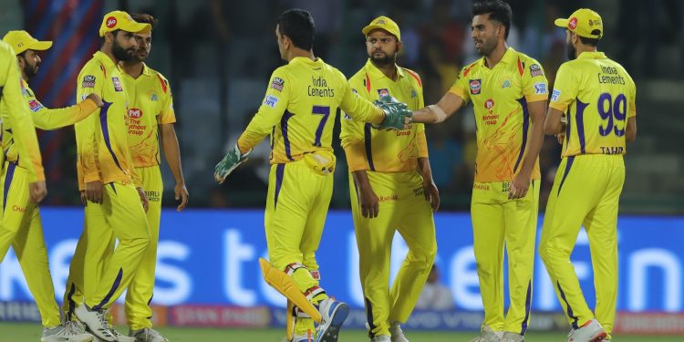 Chennai Super Kings players celebrate after dismissing a Delhi Capitals batsman in Feroz Shah Kotla, Tuesday