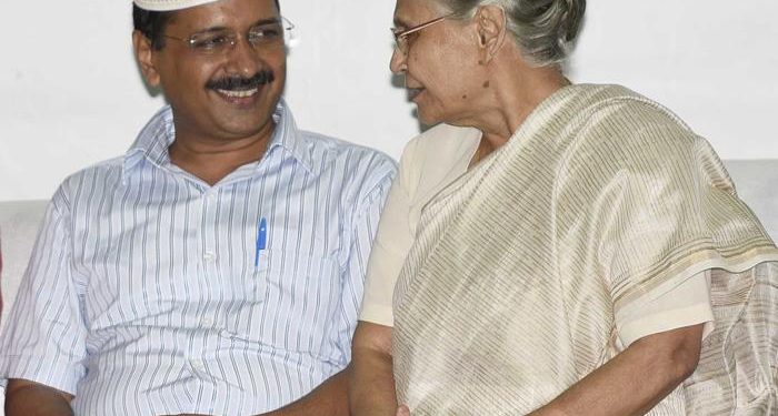 Aam Aadmi Party president Arvind Kejriwal and former Delhi CM Sheila Dikshit (R)
