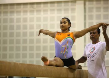 Dipa Karmakar during her training session with coach Bisweswar Nandi