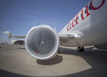 An Ethiopian Airlines Boeing 737 Max 8 sits grounded at Bole International Airport in Addis Ababa, Ethiopia. (Mulugeta Ayene / AP)