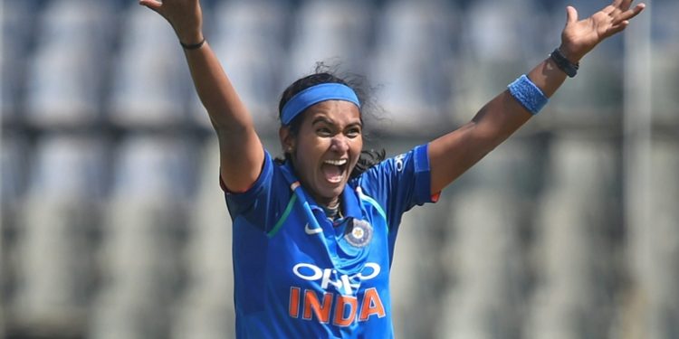 Mumbai: Indian player Shikha Pandey celebrates the dismissal of England's Katherine Brunt during the 2nd One-Day International (ODI) cricket match, in Mumbai, Monday, Feb. 25, 2019. (PTI) [Representational Image]