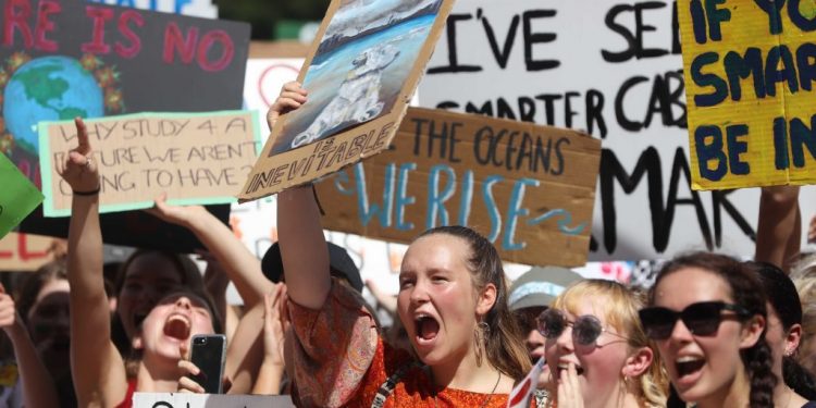 AUCKLAND, NEW ZEALAND - MARCH 15: Students protest in Auckland's Aotea Square over climate change on March 15, 2019 in Auckland, New Zealand. The protests are part of a global climate strike, urging politicians to take urgent action on climate change.  (Photo by Phil Walter/Getty Images)