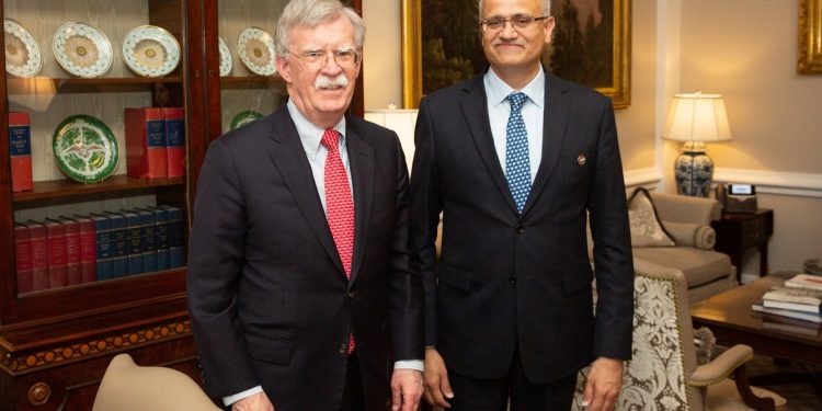 America's National Security Advisor John Bolton during a meeting with Foreign Secretary Vijay Gokhale, Wednesday. (Image: Twitter)