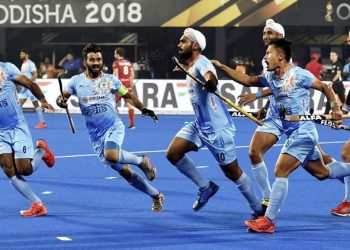 Bhubaneswar: India (blue) Captain Manpreet Singh celebrates with teammates after a goal during a match against Belgium(red) for Men's Hockey World Cup 2018, in Bhubaneswar, Sunday, Dec 02, 2018. (PTI Photo/Ashok Bhaumik)(PTI12_2_2018_000176A)