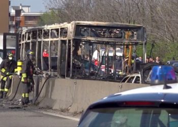 hotos showed the burnt-out shell of the bus and the car, which were travelling on a road near Milan.