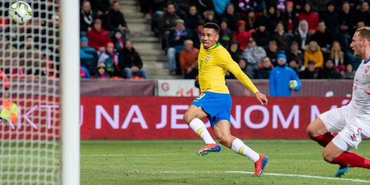 Gabriel Jesus (in yellow) scoring the first of his two goals against the Czech Republic, Tuesday