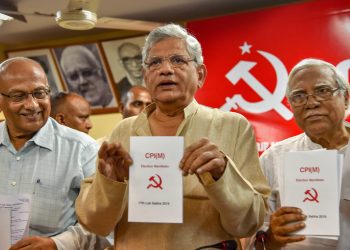 New Delhi: CPI(M) General Secretary Sitaram Yechury releases party's manifesto for the upcoming Lok Sabha elections at a press conference, in New Delhi, Thursday, March 28, 2019. (PTI Photo/Subhav Shukla) (PTI3_28_2019_000033B)