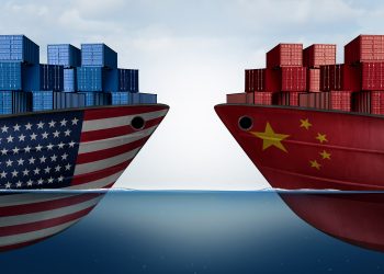 China United States trade and American tariffs as two opposing cargo ships as an economic  taxation dispute over import and exports concept as a 3D illustration.