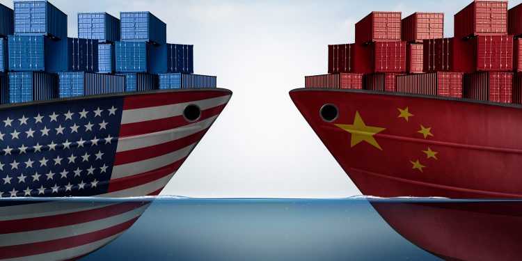 China United States trade and American tariffs as two opposing cargo ships as an economic  taxation dispute over import and exports concept as a 3D illustration.