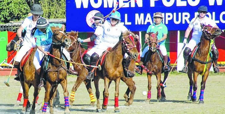 Manipuri women involved in a game of polo at Imphal