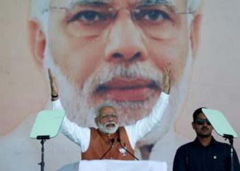 Prime Minister Narendra Modi gestures as he addresses an election campaign rally in Meerut, Uttar Pradesh, March 28, 2019. (REUTERS)