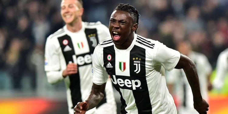 Moise Kean celebrates after scoring Juventus’ opener against Udinese, Friday