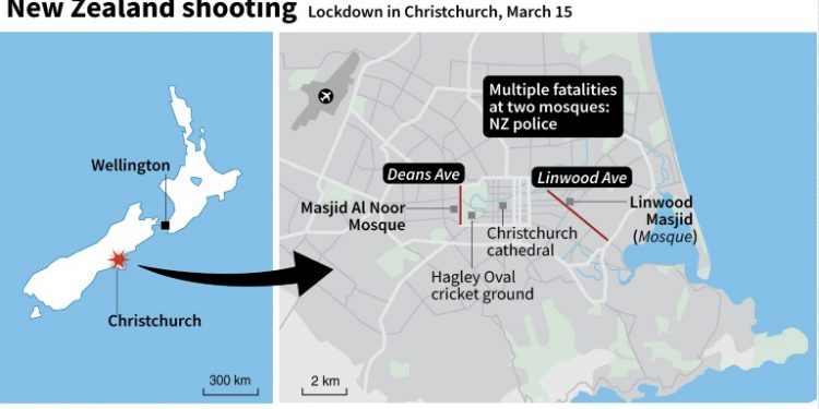 Map of Christchurch, New Zealand, showing Deans Ave and Linwood Ave where NZ police have reported 'multiple fatalities' at two mosques (AFP)