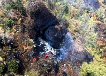 Photo taken on Feb. 27, 2019 shows the crash site of the aircraft in Taplejung, Nepal. All seven people onboard were confirmed dead, including Nepal's Tourism Minister Rabindra Adhikari, in a helicopter crash in Taplejung district of eastern Nepal Wednesday afternoon, Spokesperson of Nepal Police Uttam Raj Subedi confirmed. (AFP)