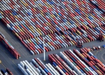 Aerial view of containers at a loading terminal in the port of Hamburg, Germany August 1, 2018. (REUTERS)