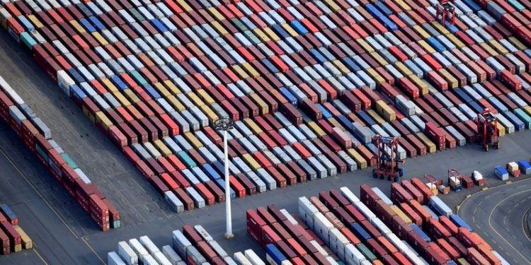Aerial view of containers at a loading terminal in the port of Hamburg, Germany August 1, 2018. (REUTERS)