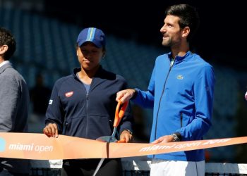 Naomi Osaka and Serbian star Novak Djokovic took part in a ribbon cutting ceremony Wednesday at the Miami Open (AFP)