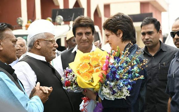 East UP Congress General Secretary Priyanka Gandhi Vadra with other party leaders. (PTI)