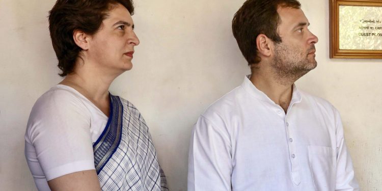 Priyanka Gandhi with Rahul Gandhi at Ahmedabad, Tuesday