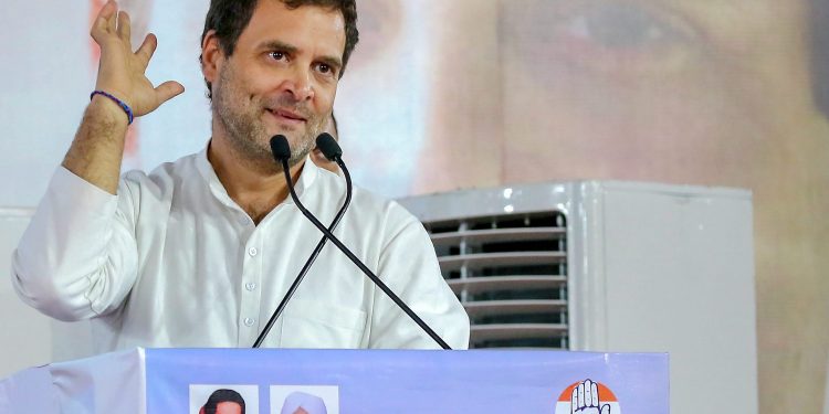 Jaipur: Congress President Rahul Gandhi addresses during the party function 'Sanvad' at Ramleela Maidan in Jaipur, Tuesday, March 26, 2019. (PTI Photo)