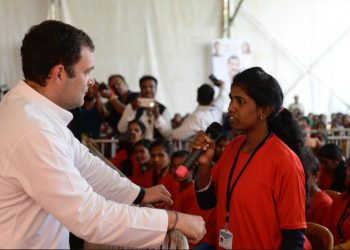 Rahul Gandhi interacts with a delegate attending the convention in Jeypore, Friday   Photo@Congress Twitter