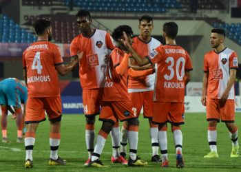 FC Goa celebrate after their victory against Indian Arrows at Kalinga Stadium, Saturday
