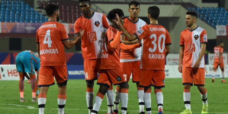 FC Goa celebrate after their victory against Indian Arrows at Kalinga Stadium, Saturday