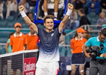 David Ferrer celebrates his win over Alexander Zverev in Miami, Saturday