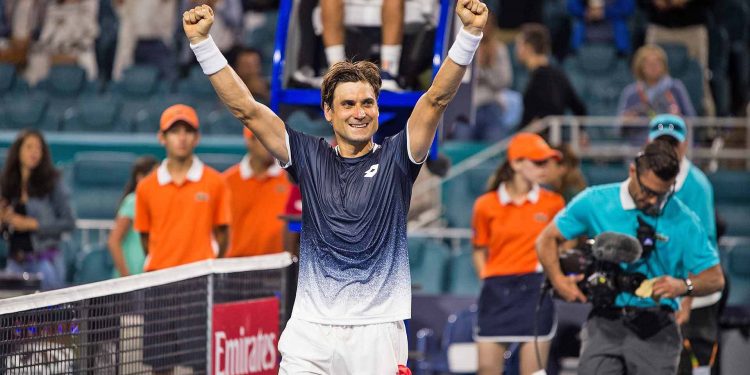 David Ferrer celebrates his win over Alexander Zverev in Miami, Saturday