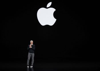 Apple chief executive Tim Cook speaks Monday at the event to mark the launch of new services