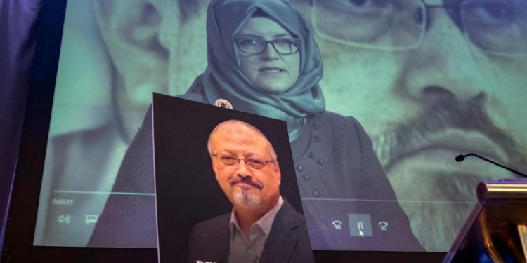 A video image of Hatice Cengiz, fiancee of slain Saudi journalist Jamal Khashoggi, is played during an event to remember Khashoggi. (AP)