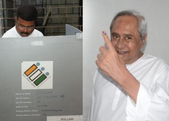 Union Minister BJP’s Dharmendra Pradhan (Left) casting his vote Tuesday; BJD supremo and Chief Minister Naveen Patnaik displays his inked finger after pressing the EVM at a booth in Bhubaneswar