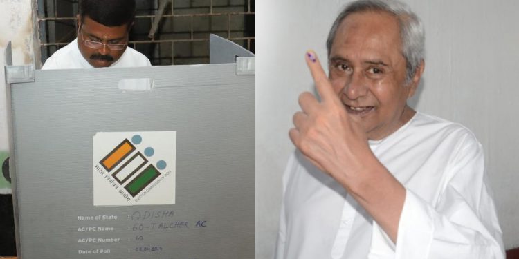 Union Minister BJP’s Dharmendra Pradhan (Left) casting his vote Tuesday; BJD supremo and Chief Minister Naveen Patnaik displays his inked finger after pressing the EVM at a booth in Bhubaneswar