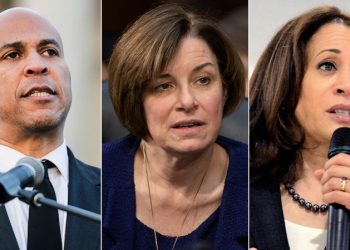 Sen. Kamala Harris, D-Calif, speaks during an event in St. George, S.C., March 9, 2019. Sen. Amy Klobuchar, D-Minn. prepares to vote at the Capitol, Feb. 7, 2019. Sen. Cory Booker D-NJ addresses a crowd, Jan. 21, 2019, in Columbia, S.C.(AP photo)