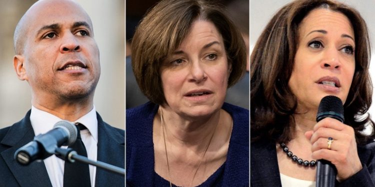 Sen. Kamala Harris, D-Calif, speaks during an event in St. George, S.C., March 9, 2019. Sen. Amy Klobuchar, D-Minn. prepares to vote at the Capitol, Feb. 7, 2019. Sen. Cory Booker D-NJ addresses a crowd, Jan. 21, 2019, in Columbia, S.C.(AP photo)