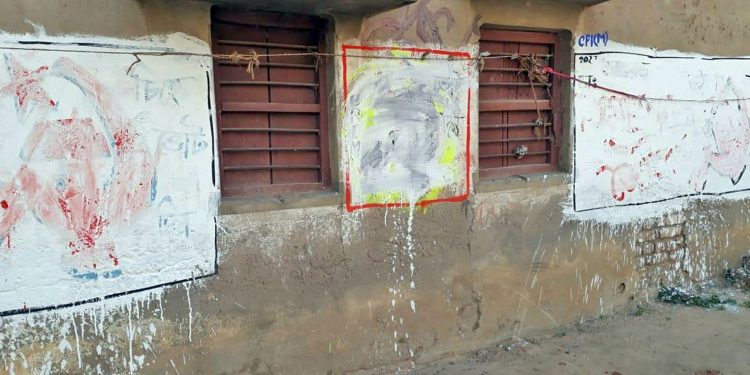 Wall graffiti of CPI(M) Bolpur Parliamentary constituency candidate Ram Chandra Dome has been white wash allegedly by TMC goons on yesterday midnight, CPI(M) leaders says that it has been done under the instruction of Birbhum District TMC President Anubrata Mondal as he resides in this locality at Bolpur in Birbhum district of West Bengal on Saturday. UNI PHOTO