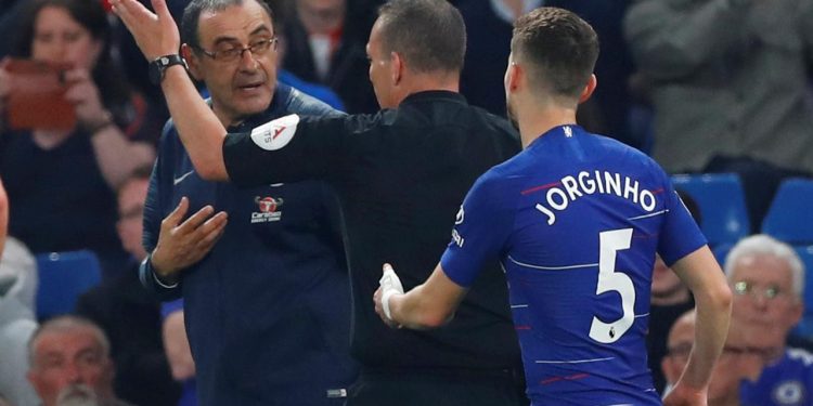 In a fitting coda to a damaging evening, Sarri was sent to the stands for protesting in the final seconds. (Image: Reuters)