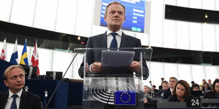 European Council President Donald Tusk speaks during a debate on the priorities of the European Council meeting of 21 and 22 March 2019 and UKs withdrawal from the EU during a plenary session at the European Parliament on March 27, 2019 in Strasbourg, eastern France. (Photo by FREDERICK FLORIN / AFP)