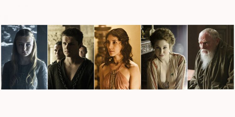 This combination of photos released by HBO shows, from left, Kerry Ingram portraying Shireen Baratheon, Eugene Simon portraying Lancel Lannister, Sibel Kekilli portraying Shae, Esme Bianco portraying Ros and Julian Glover portraying Grand Maester Pycelle in the HBO series "Game of Thrones." The final season premieres on Sunday. (HBO via AP)